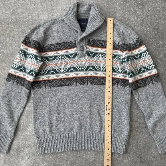 American Eagle Sweater Mens Medium Gray Fair Isle Shawl Collar Pullover Knit - Picture 6 of 7